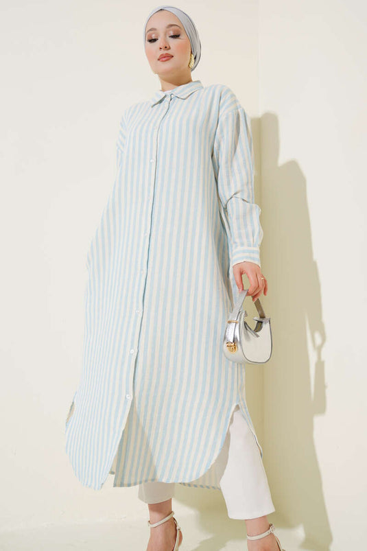 Vertical Striped Long Linen Shirt Ice Blue