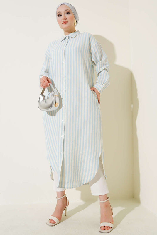 Vertical Striped Long Linen Shirt Ice Blue