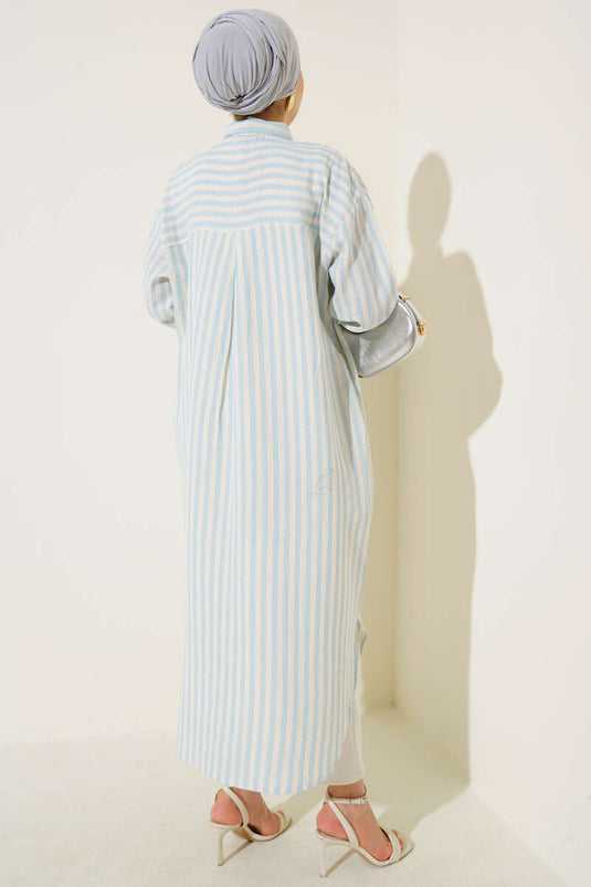 Vertical Striped Long Linen Shirt Ice Blue