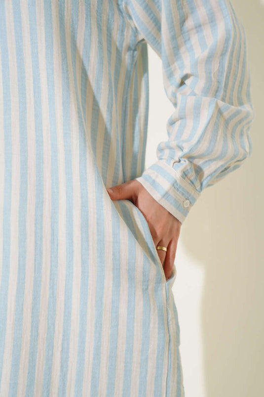 Vertical Striped Long Linen Shirt Ice Blue