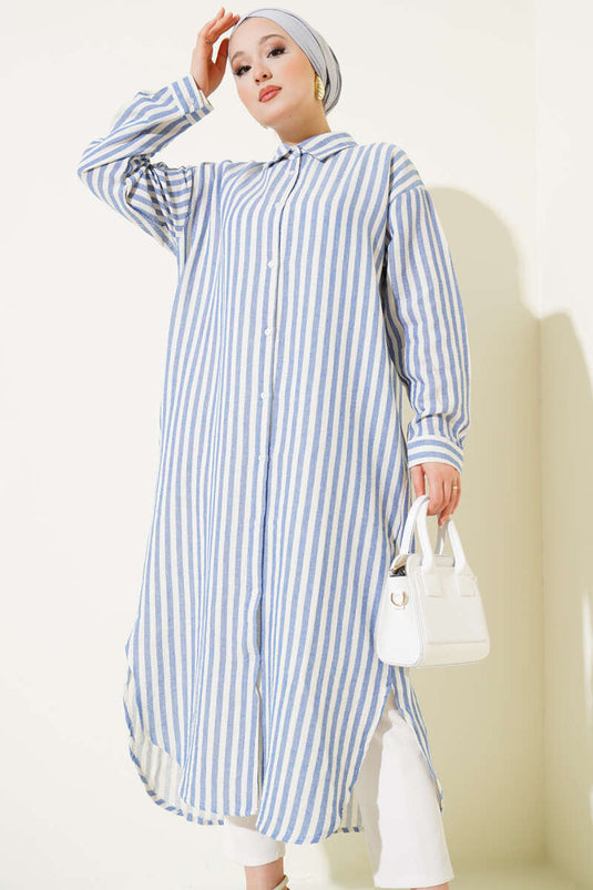 Vertical Striped Long Linen Shirt Navy Blue