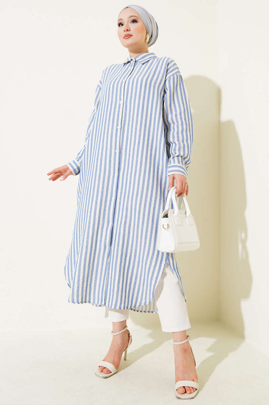 Vertical Striped Long Linen Shirt Navy Blue