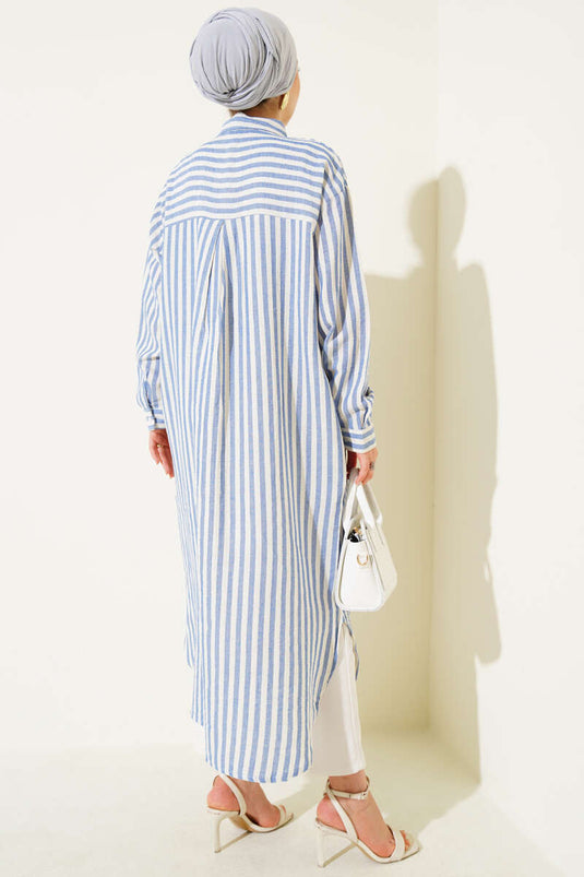 Vertical Striped Long Linen Shirt Navy Blue