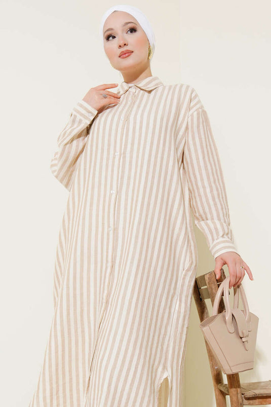 Vertical Striped Long Linen Shirt Latte