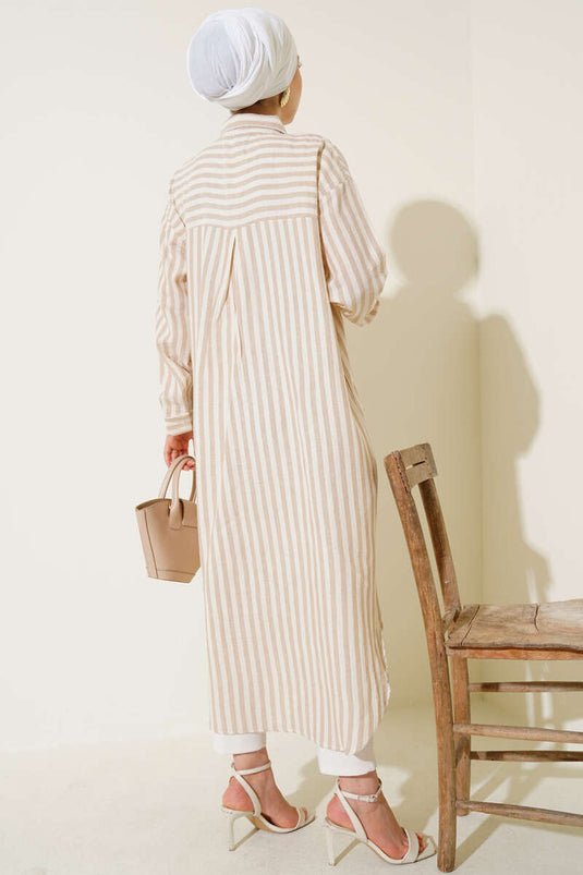 Vertical Striped Long Linen Shirt Latte