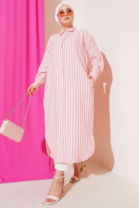 Vertical Striped Long Linen Shirt Powder