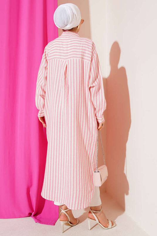 Vertical Striped Long Linen Shirt Powder