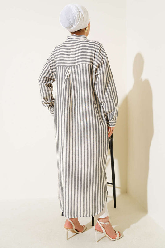Vertical Striped Long Linen Shirt Black