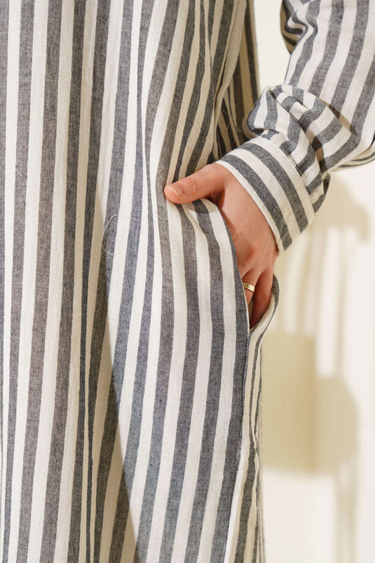 Vertical Striped Long Linen Shirt Black