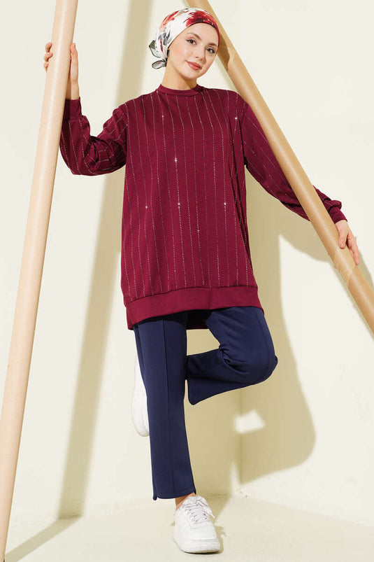 Straight Stripe Beaded Loysha Tunic Burgundy