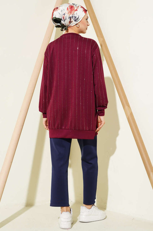 Straight Stripe Beaded Loysha Tunic Burgundy