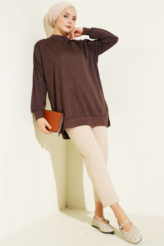 Straight Stripe Beaded Loysha Tunic Brown