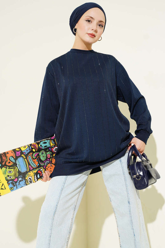 Straight Stripe Beaded Loyşa Tunic Navy Blue