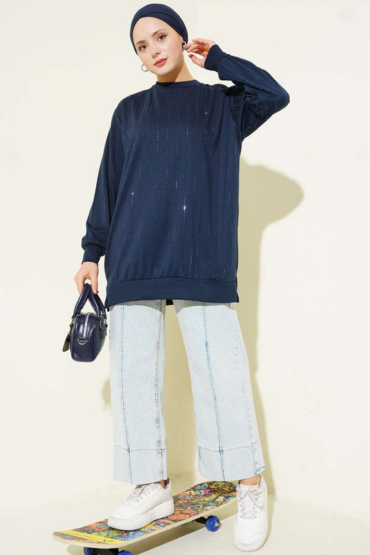 Straight Stripe Beaded Loyşa Tunic Navy Blue