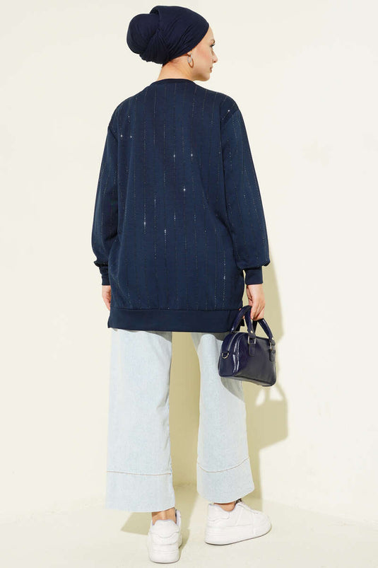 Straight Stripe Beaded Loyşa Tunic Navy Blue