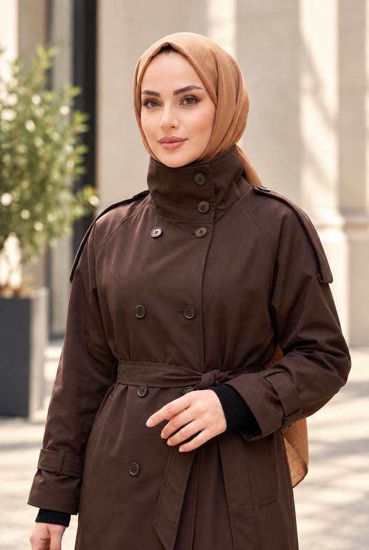 Long Trench Coat With Padded Collar In Coffee