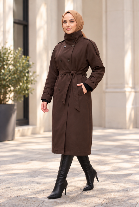 Long Trench Coat With Padded Collar In Coffee
