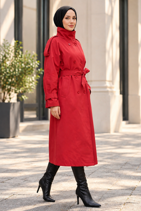 Gabardina Larga Roja Con Cuello Ancho Y Forro