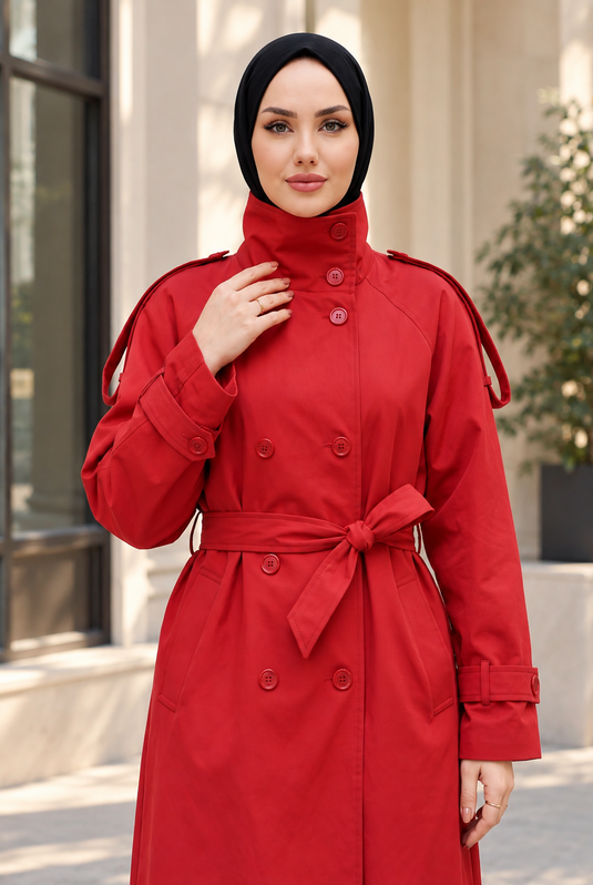 Gabardina Larga Roja Con Cuello Ancho Y Forro