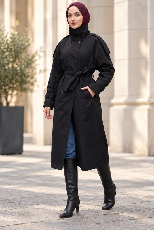 Abrigo Trench Largo Con Cuello Acolchado En Negro