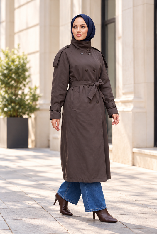 Trench-Coat Long À Col Matelassé En Mink