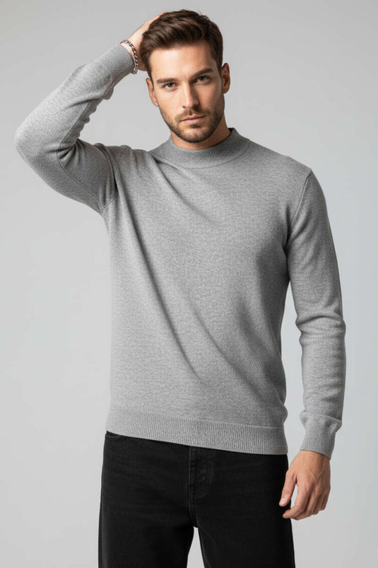 Dik Yaka Basic Erkek Yün Kazak Gri