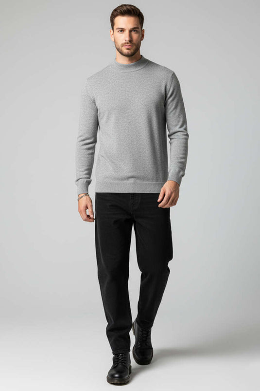 Dik Yaka Basic Erkek Yün Kazak Gri