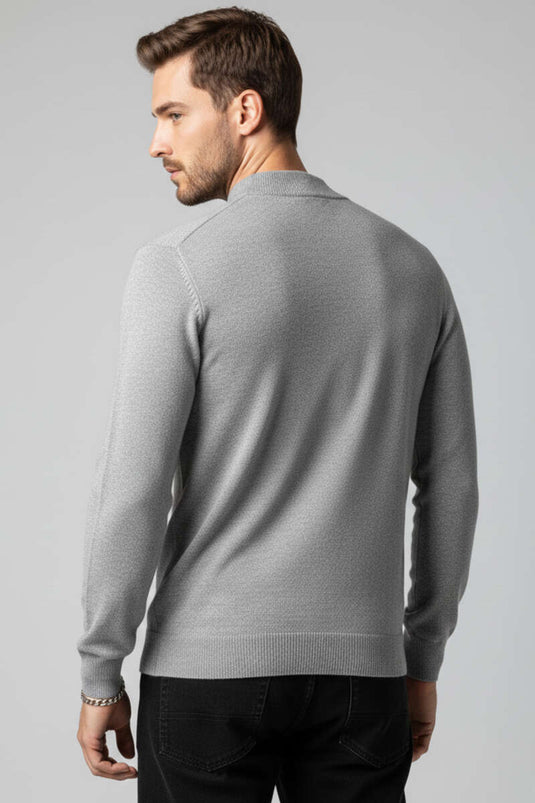 Dik Yaka Basic Erkek Yün Kazak Gri