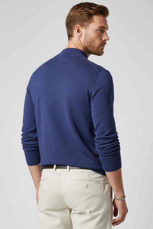 Dik Yaka Basic Erkek Yün Kazak İndigo