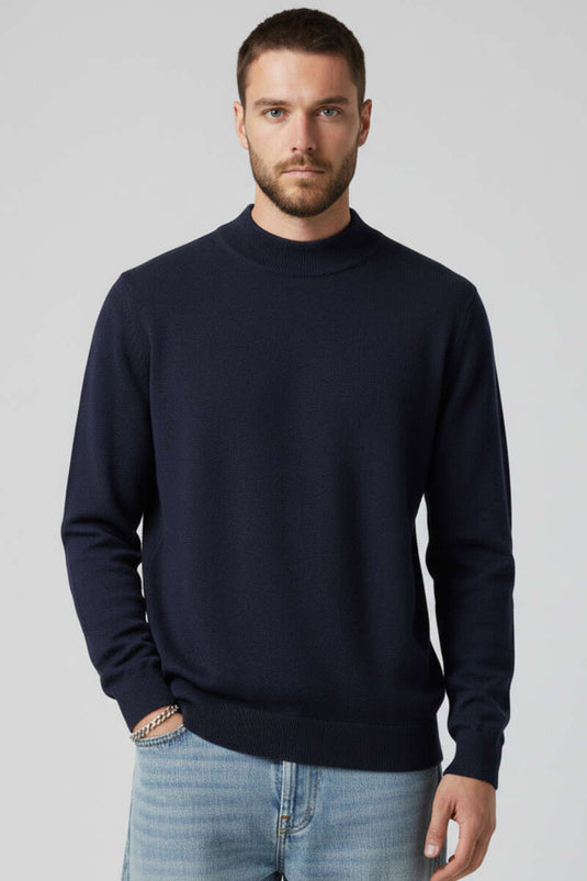 Pull en laine basique à col montant pour homme, bleu marine