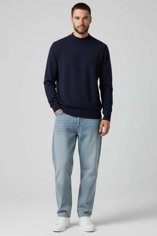 Dik Yaka Basic Erkek Yün Kazak Lacivert