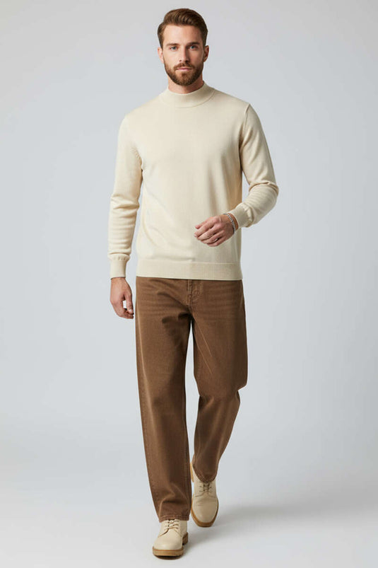 Dik Yaka Basic Triko Erkek Kazak Taş