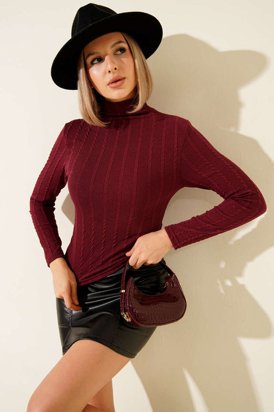High Neck Ribbed Blouse Burgundy