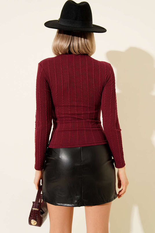 High Neck Ribbed Blouse Burgundy