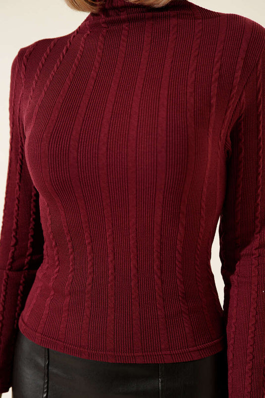 High Neck Ribbed Blouse Burgundy