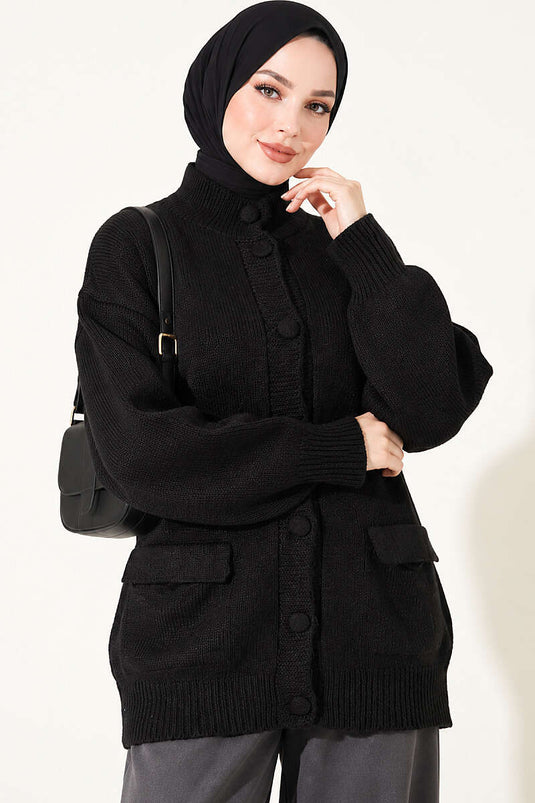 Dik Yaka Cepli Triko Hırka Siyah