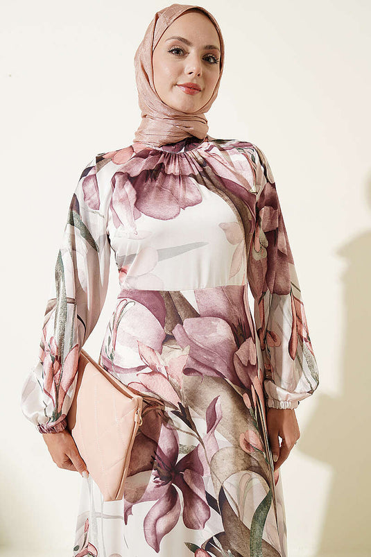Robe En Satin Floral À Col Long En Rosewood