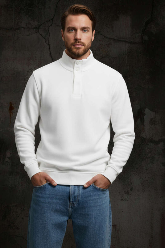 High Collar Snap Button Men's Sweatshirt White