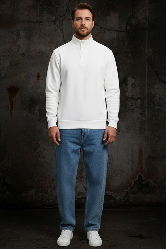 High Collar Snap Button Men's Sweatshirt White