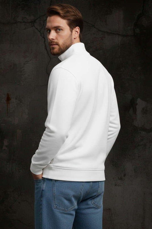 High Collar Snap Button Men's Sweatshirt White