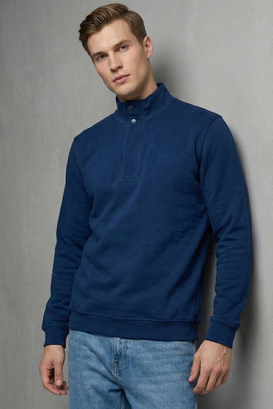 High Collar Snap-Button Men's Sweatshirt Navy Blue