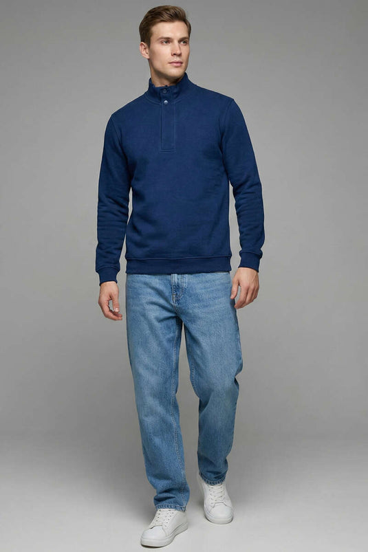 High Collar Snap-Button Men's Sweatshirt Navy Blue