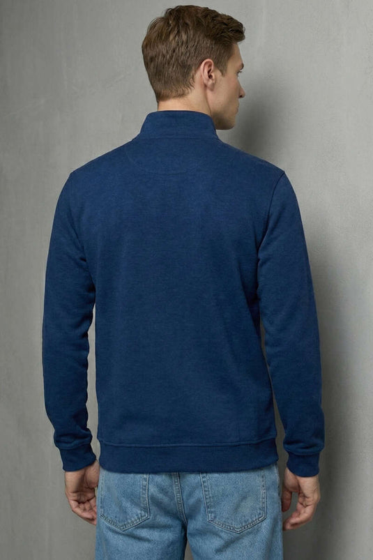 High Collar Snap-Button Men's Sweatshirt Navy Blue