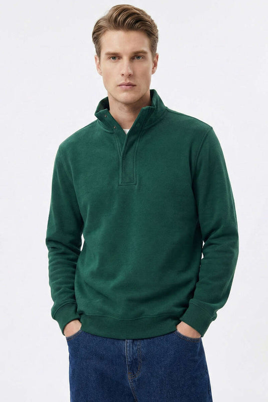 High Collar Snap-Button Men's Sweatshirt Olive Green