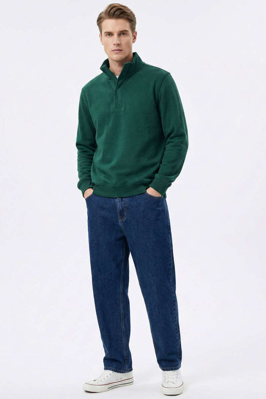 High Collar Snap-Button Men's Sweatshirt Olive Green