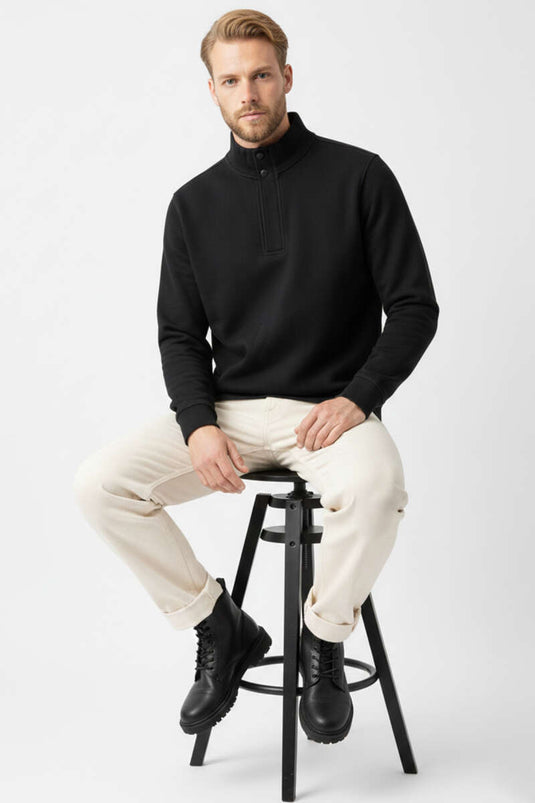High Collar Snap-Button Men's Sweatshirt Black