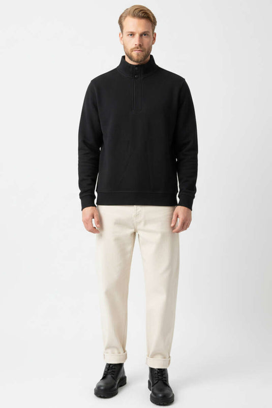 High Collar Snap-Button Men's Sweatshirt Black