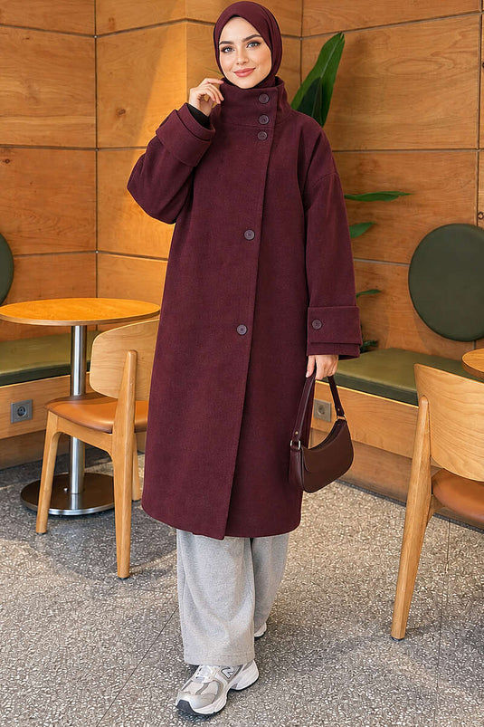 Dik Yaka Düğmeli Oversize Kaşe Kaban Bordo