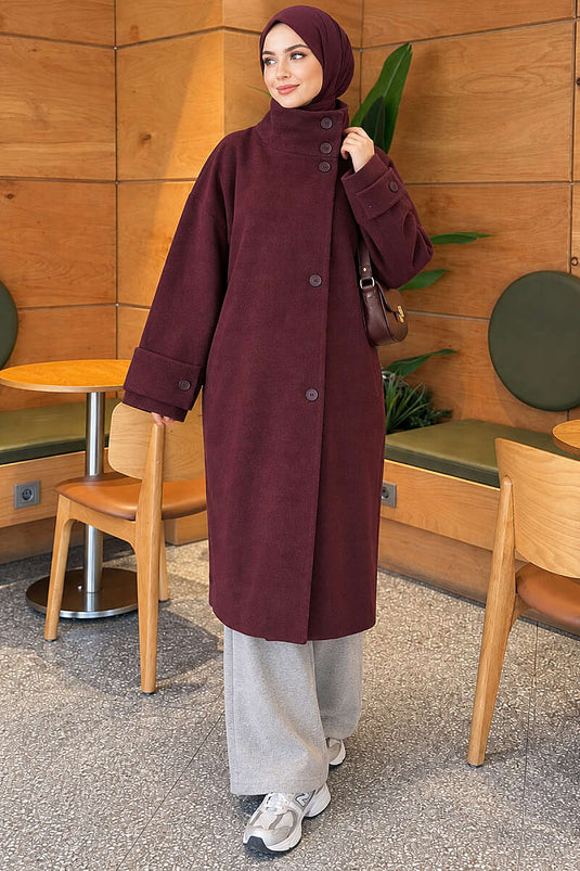 Dik Yaka Düğmeli Oversize Kaşe Kaban Bordo