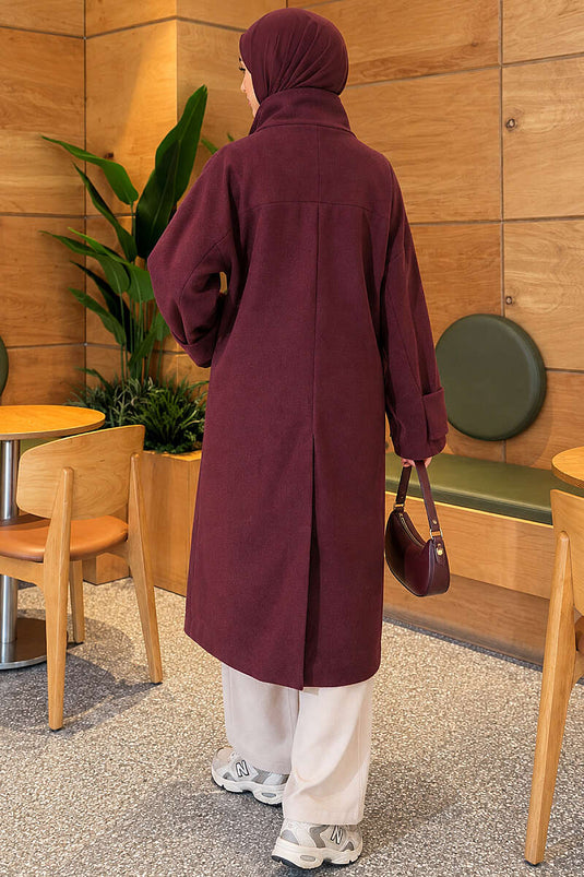 Dik Yaka Düğmeli Oversize Kaşe Kaban Bordo